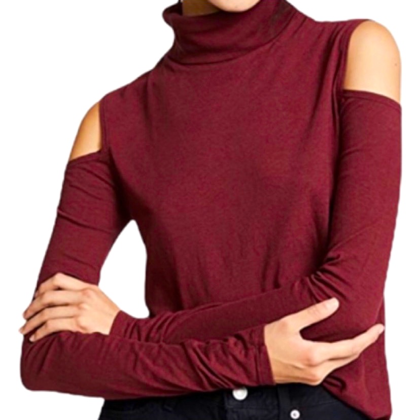 Pam & Gela Black Burgundy Cut Out Shoulder Turtleneck Top, Size Large